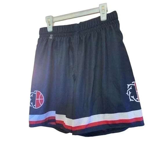HOLLOWAY YOUTH SIZE LARGE BLUE SHORT WITH BASKETBALL DESIGN ON SIDE76 - Picture 1 of 2